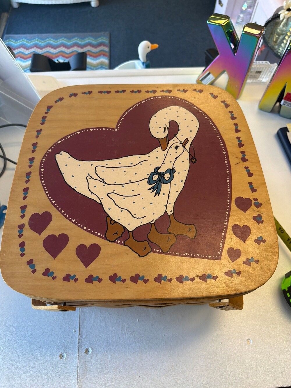 Wooden Basket Painted Geese Heart Design Storage Basket